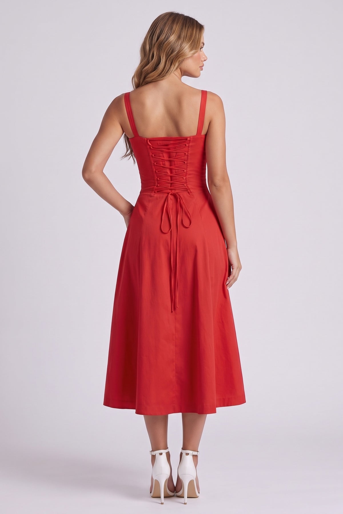 Rosalie Corset Midi Dress - Red, lace-up back