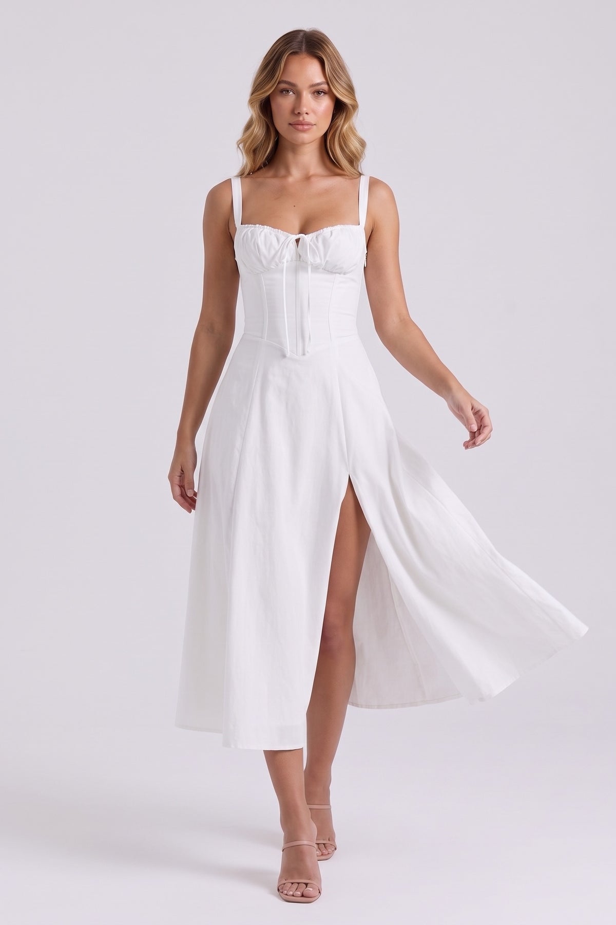 Rosalie Corset Midi Dress - White, in motion