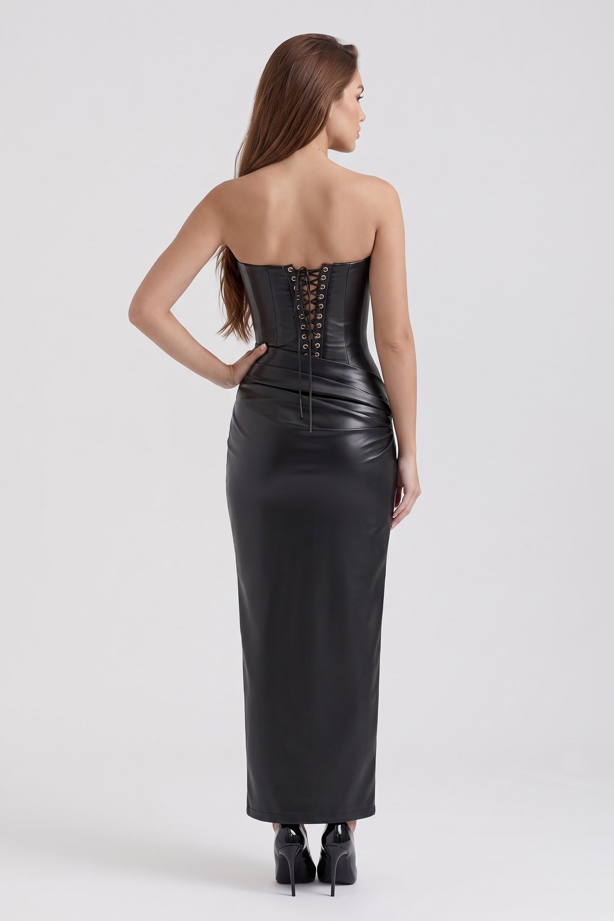 Scarlett Faux Leather Corset Maxi Dress in black, back view