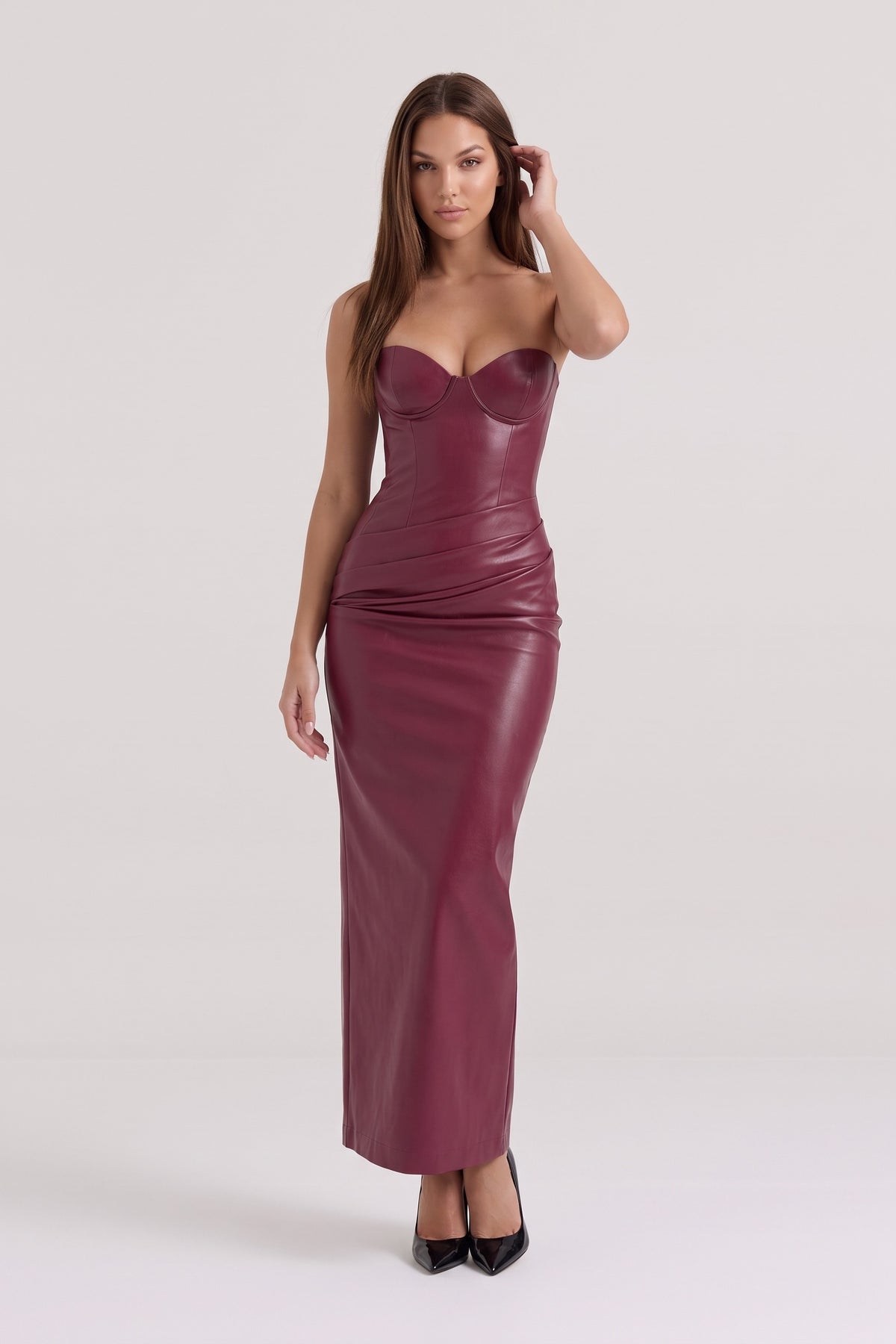 Scarlett Faux Leather Corset Maxi Dress in burgundy, front view