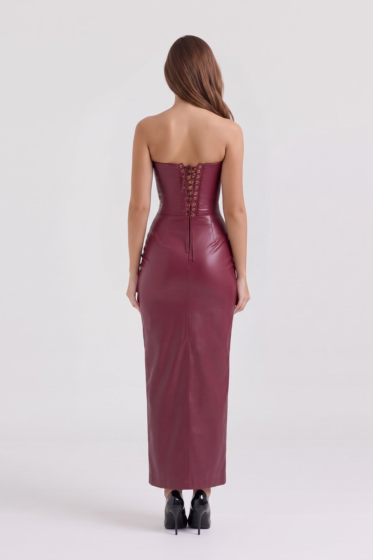 Scarlett Faux Leather Corset Maxi Dress in burgundy, back view