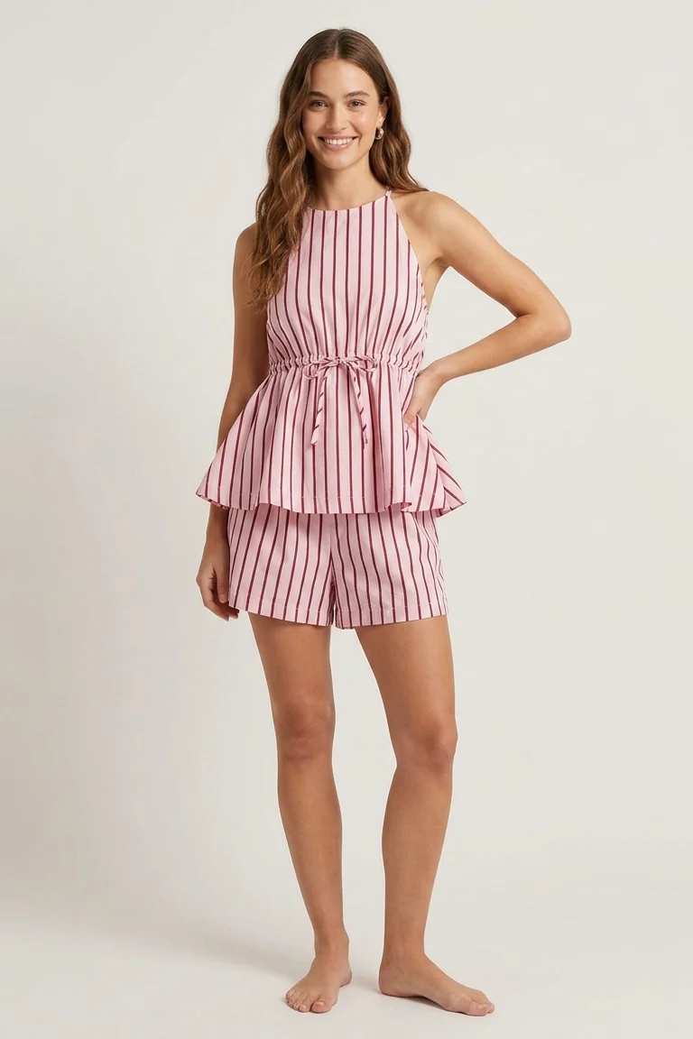 Wren Peplum Set in Berry Stripe - front view